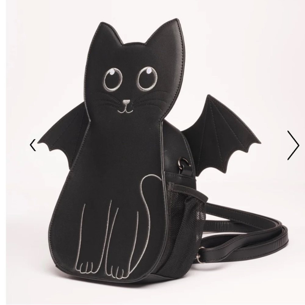 Unique Vintage Black Cat Faux Leather Mini Backpack with Removable Bat Wings